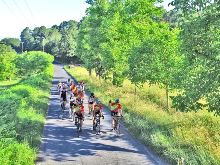 Club cyclo sur une petite route de la vallée de la Dordogne
